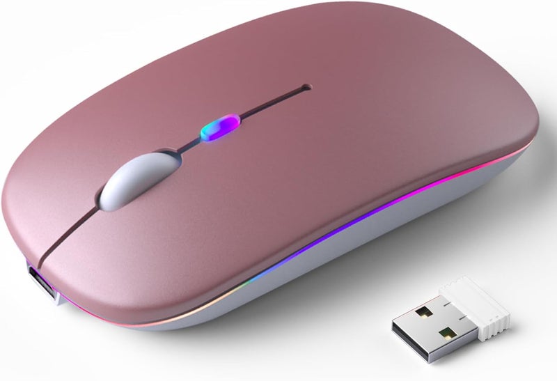 KANMABPC Wireless Bluetooth Mouse – Rechargeable, Silent, Dual Mode (Bluetooth 5.2 & USB) with LED Lights – Portable for Laptop, Desktop, & Tablet(Rose Gold) - Image 1